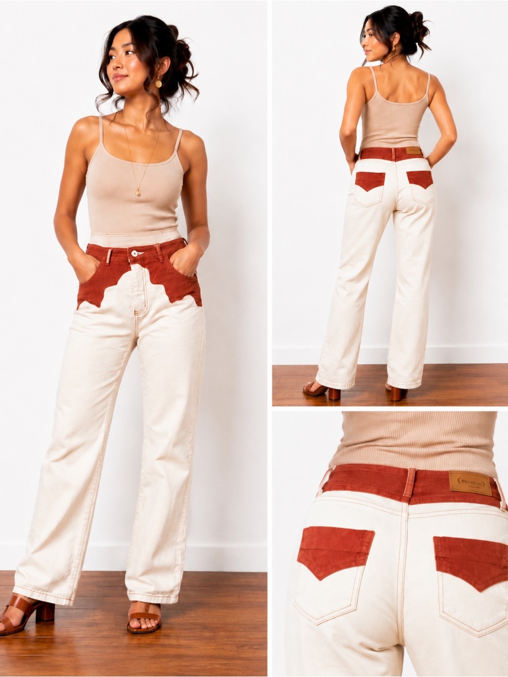 65F.New Pastiche High-Waist Two-Tone Western Corduroy Jeans - Cream & Rust $250